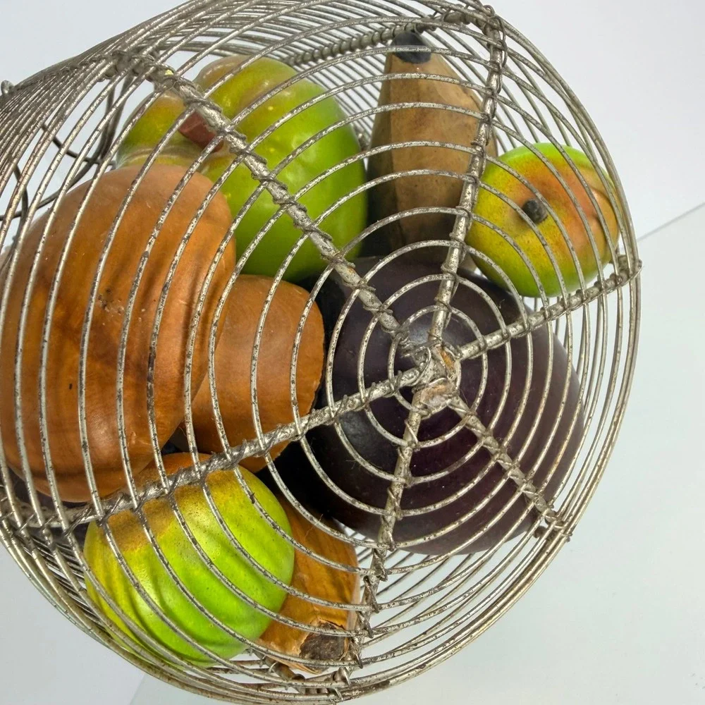 French egg wire basket with wooden fruits vintage primitive‎ decor fruit basket
